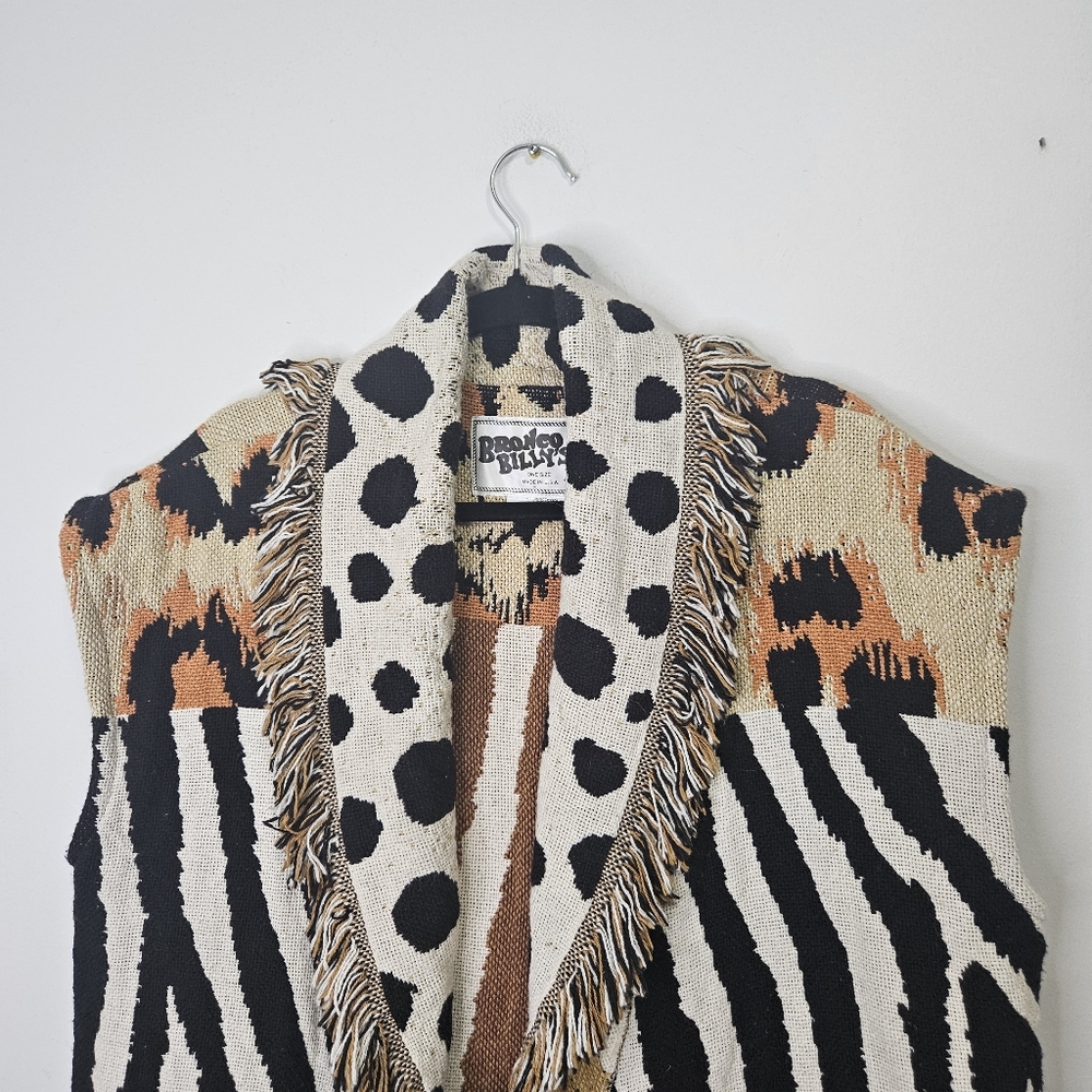 VTG Bronco Billy's Tapestry Fringe Vest Animal Print Pattern Play Safari Western - Picture 2 of 9